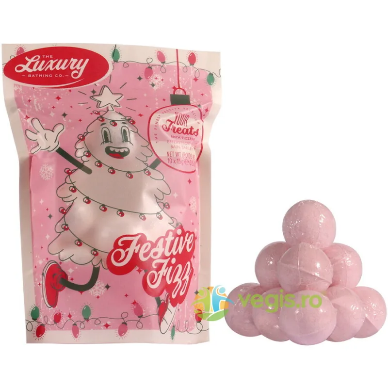 Set Cadou Festive Fizz: Bile de Baie in Punga Printata Festiv Candy Canes, Cocoa Vanilla Swirl 10x15 g THE LUXURY BATHING COMPANY — preț și oferte