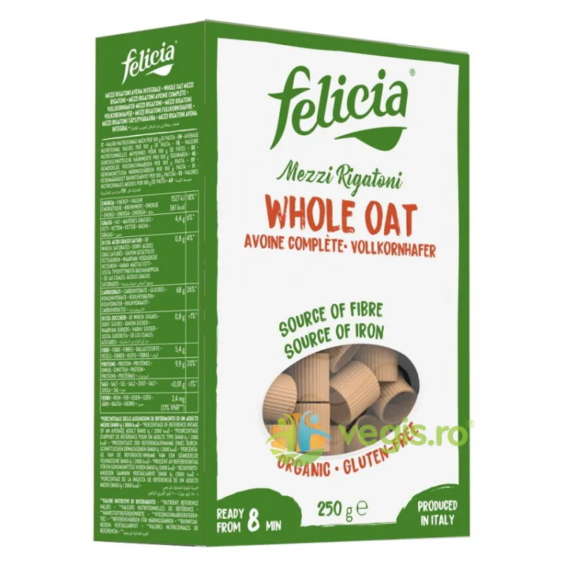 Mezzi Rigatoni din Faina Integrala de Ovaz fara Gluten Ecologici/Bio 250g FELICIA — preț și oferte