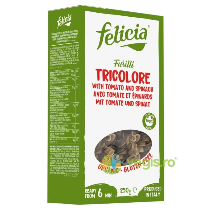Fusilli Tricolore din Faina de Orez fara Gluten Ecologice/Bio 250g FELICIA — preț și oferte
