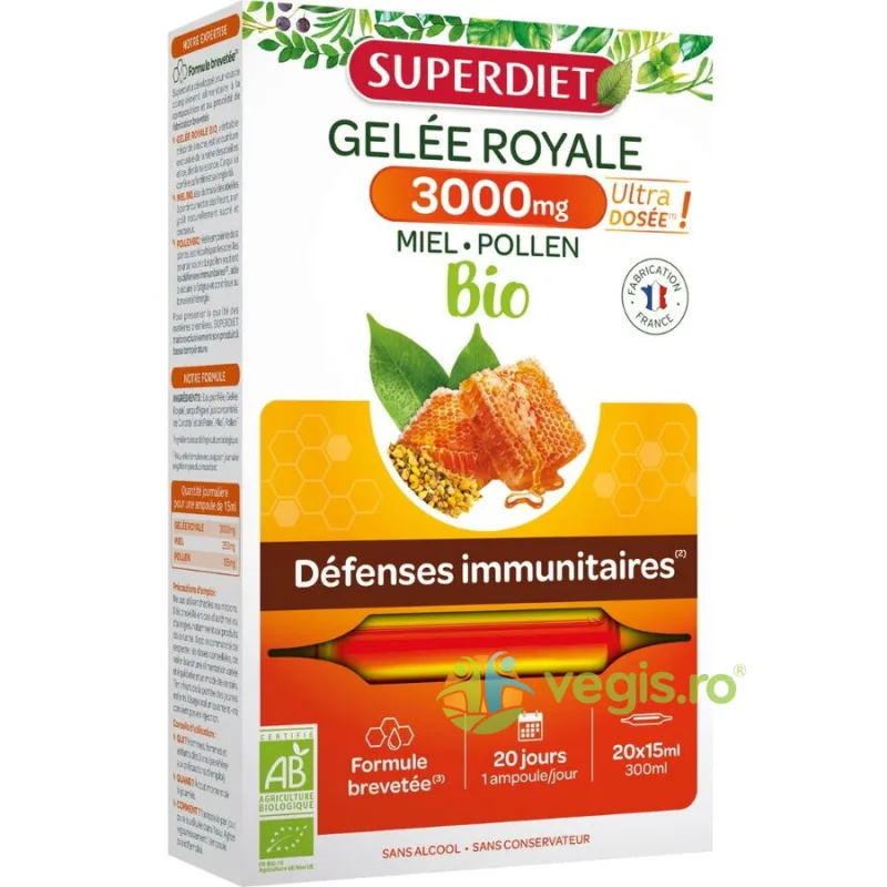 Fiole cu Laptisor de Matca (Gelee Royale) 3000mg Ecologice/Bio 20x15ml LABORATOIRES&nbsp;SUPERDIET — preț și oferte