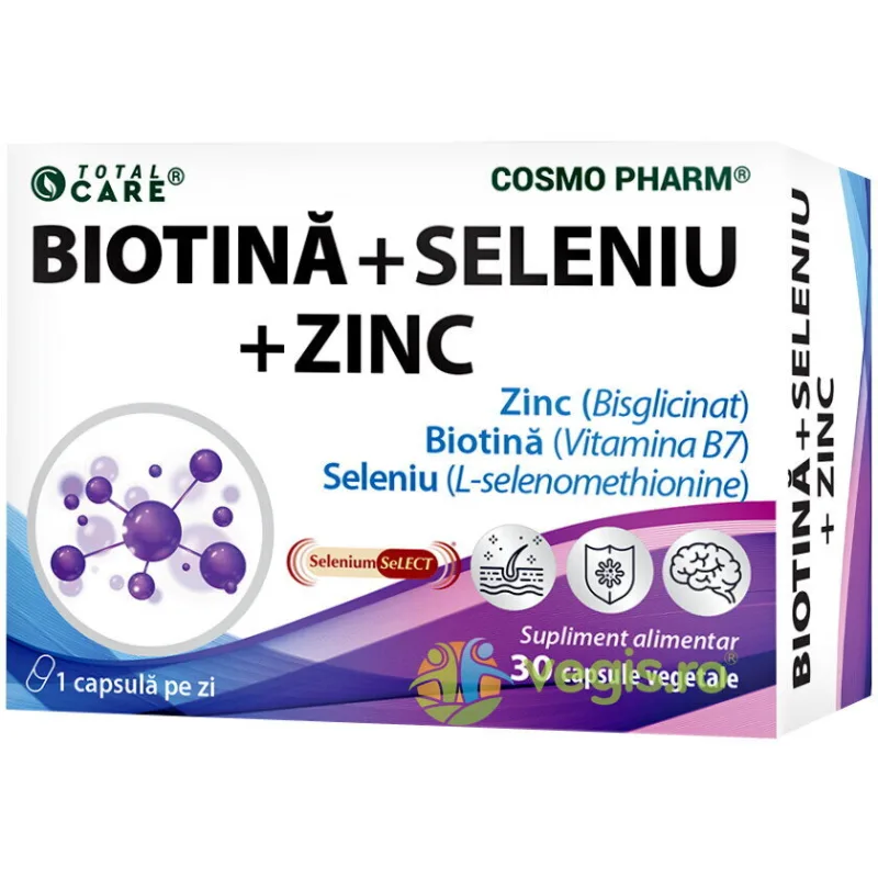 Biotina 1000 mcg, Seleniu si Zinc 30 cps vegetale COSMO PHARM — preț și oferte