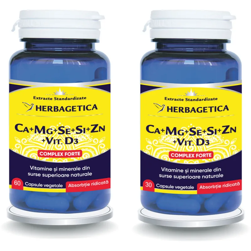 Pachet Complex Forte (Ca+Mg+Se+Si+Zn) cu Vitamina D3 60cps+30cps HERBAGETICA — preț și oferte