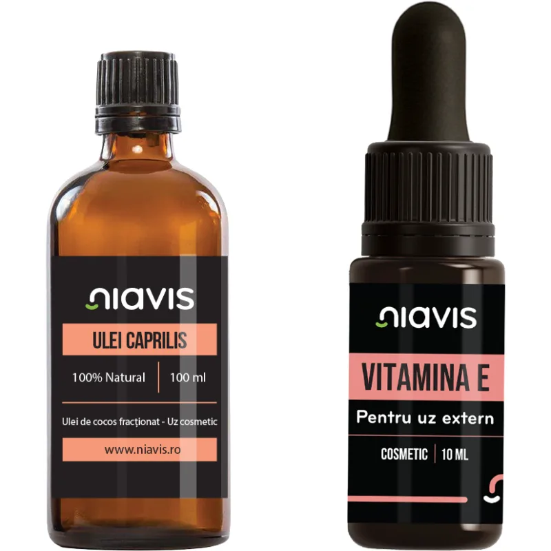 Pachet Ulei Caprilis (Ulei de Cocos Fractionat) 100ml + Vitamina E - Uz Cosmetic 10ml NIAVIS — preț și oferte