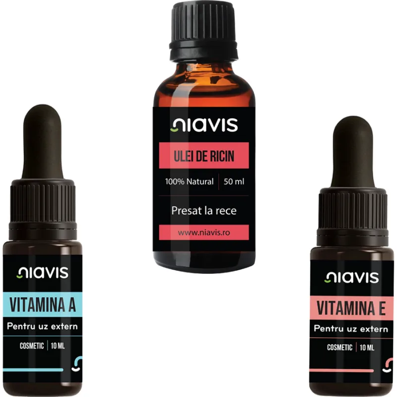 Pachet Ulei de Ricin Presat la Rece 50ml + Vitamina E 10ml + Vitamina A 10ml NIAVIS — preț și oferte