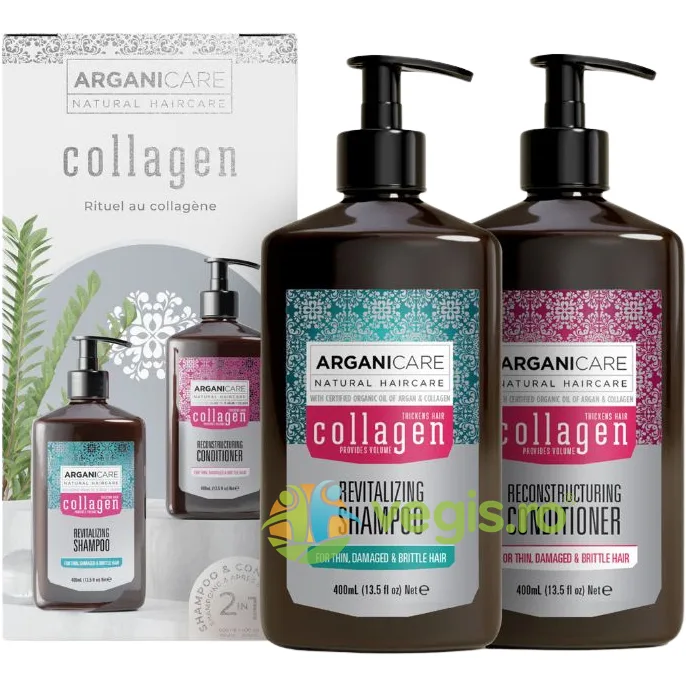 Set Sampon si Balsam pentru Par Subtire, Deteriorat sau Fragil cu Ulei de Argan si Colagen 2x400ml ARGANICARE — preț și oferte