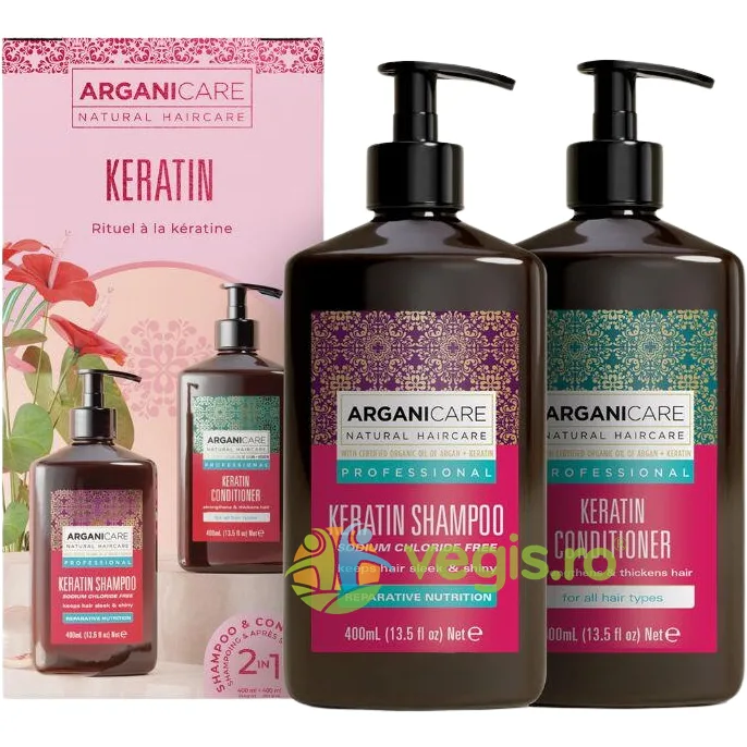 Set Sampon si Balsam pentru Toate Tipurile de Par cu Cheratina si Ulei de Argan 2x400ml ARGANICARE — preț și oferte