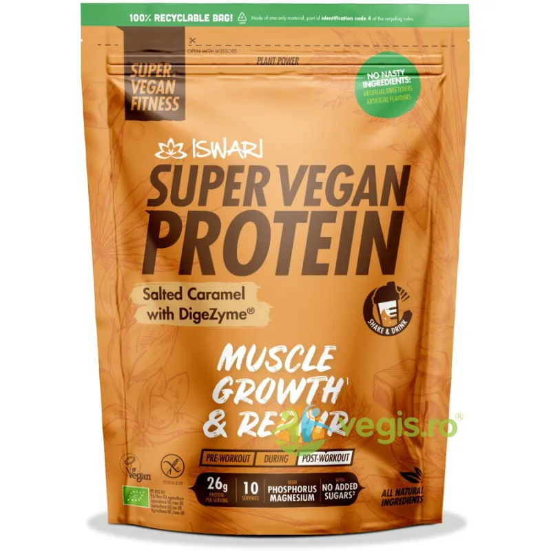 Proteina Super Vegan Potrivita dupa Efort cu Caramel Sarat fara Gluten Ecologica/Bio 400g ISWARI — preț și oferte