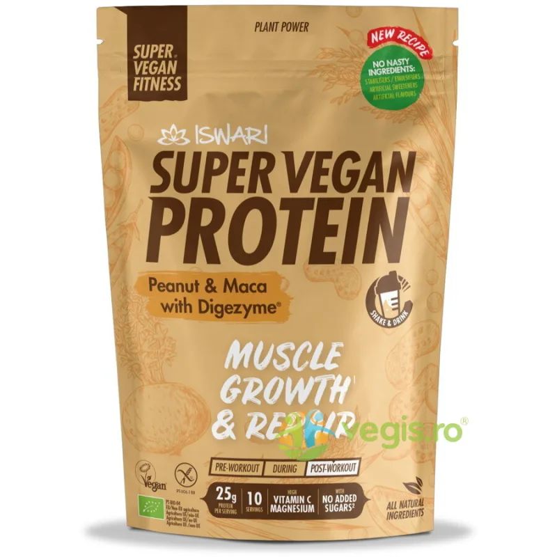 Proteina Super Vegan Potrivita dupa Efort cu Arahide si Maca fara Gluten Ecologica/Bio 400g ISWARI — preț și oferte