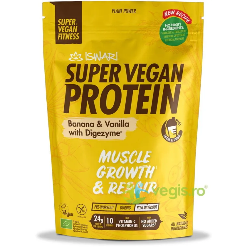 Proteina Super Vegan Potrivita dupa Efort cu Banane si Vanilie cu DigeZyme fara Gluten Ecologica/Bio 400g ISWARI — preț și oferte
