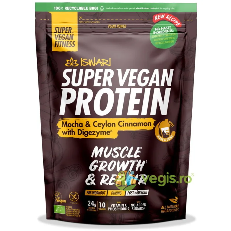 Proteina Super Vegan Potrivita dupa Efort cu Mocha si Scortisoara de Ceylon cu DigeZyme fara Gluten Ecologica/Bio 400g ISWARI — preț și oferte