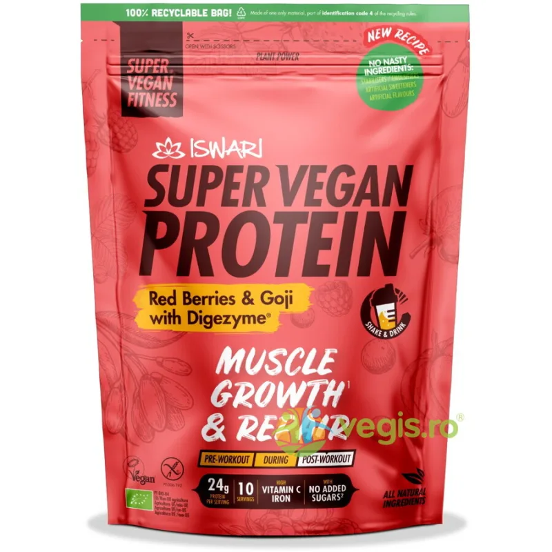 Proteina Super Vegan Potrivita dupa Efort cu Fructe Rosii si Goji cu DigeZyme fara Gluten Ecologica/Bio 400g ISWARI — preț și oferte