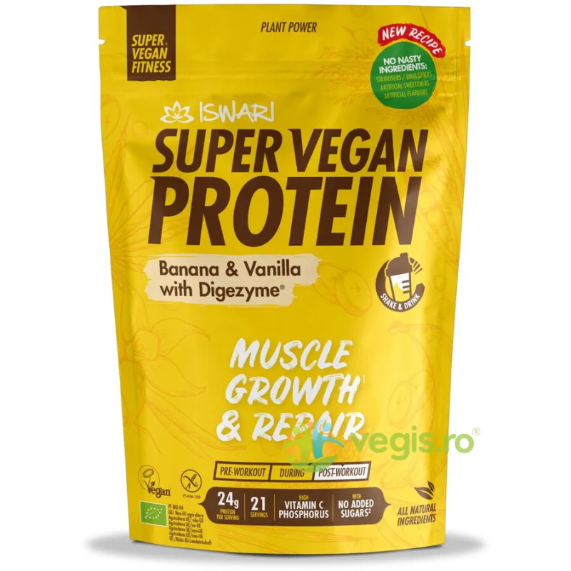 Proteina Super Vegan Potrivita dupa Efort cu Banane si Vanilie cu DigeZyme (Format Mediu) fara Gluten Ecologica/Bio 875g ISWARI — preț și oferte