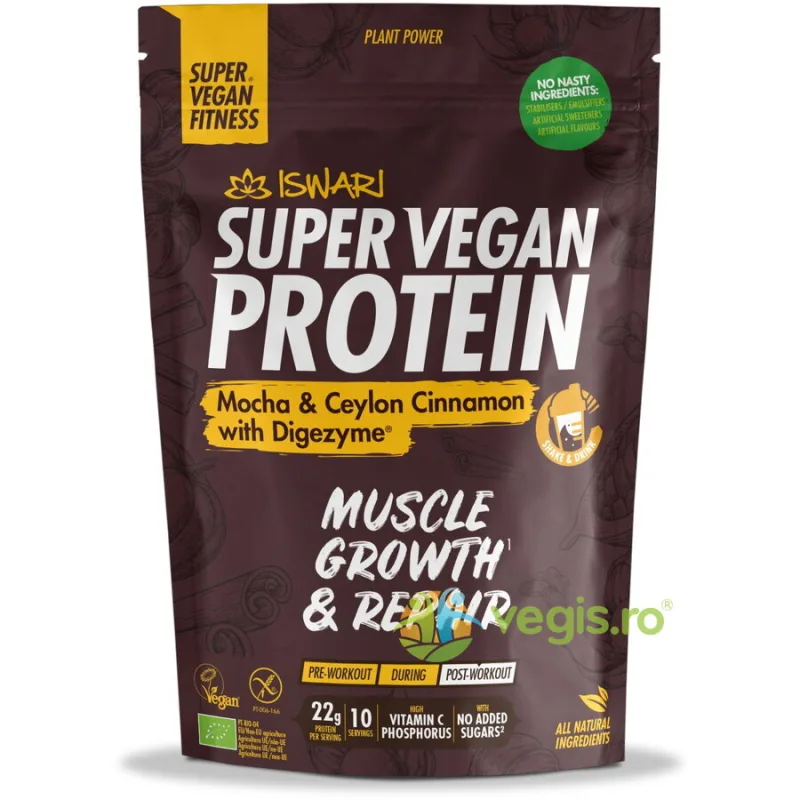 Proteina Super Vegan cu Mocha si Scortisoara de Ceylon cu DigeZyme (Format Mediu) fara Gluten Ecologica/Bio 875g ISWARI — preț și oferte