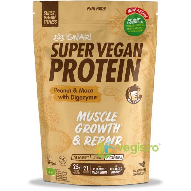 Proteina Super Vegan Potrivita dupa Efort cu Arahide si Maca (Format Mediu) fara Gluten Ecologica/Bio 875g ISWARI — preț și oferte