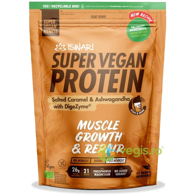 Proteina Super Vegan Potrivita dupa Efort cu Caramel Sarat (Format Mediu) fara Gluten Ecologica/Bio 875g ISWARI — preț și oferte