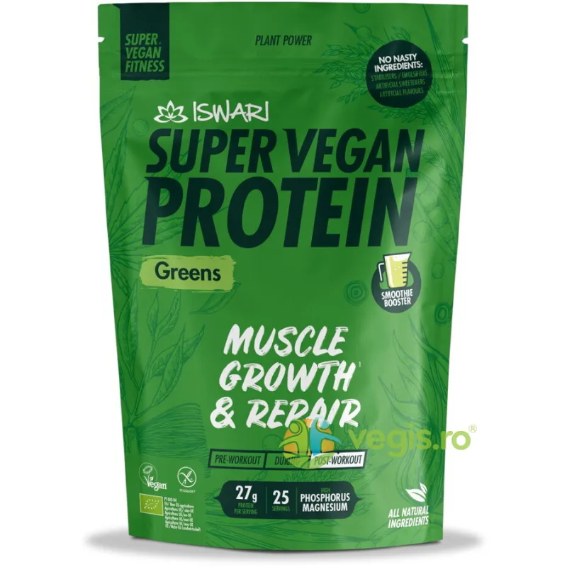 Proteina Super Vegan Verde Potrivita dupa Efort (Format Mediu) fara Gluten Ecologica/Bio 875g ISWARI — preț și oferte