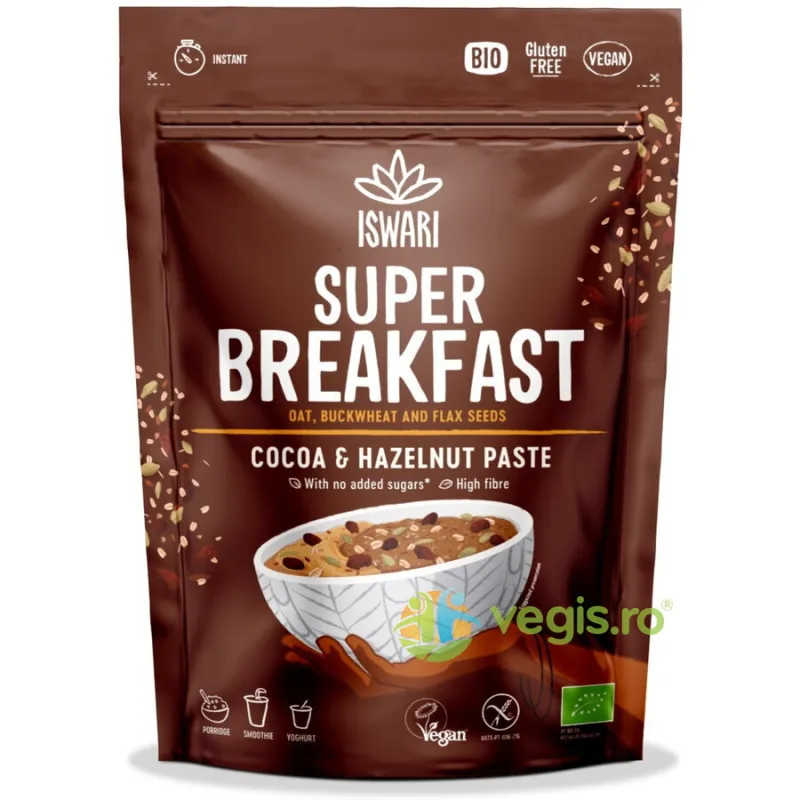 Mic Dejun cu Ovaz, Cacao si Crema de Alune de Padure fara Zahar Ecologic/Bio 360g ISWARI — preț și oferte