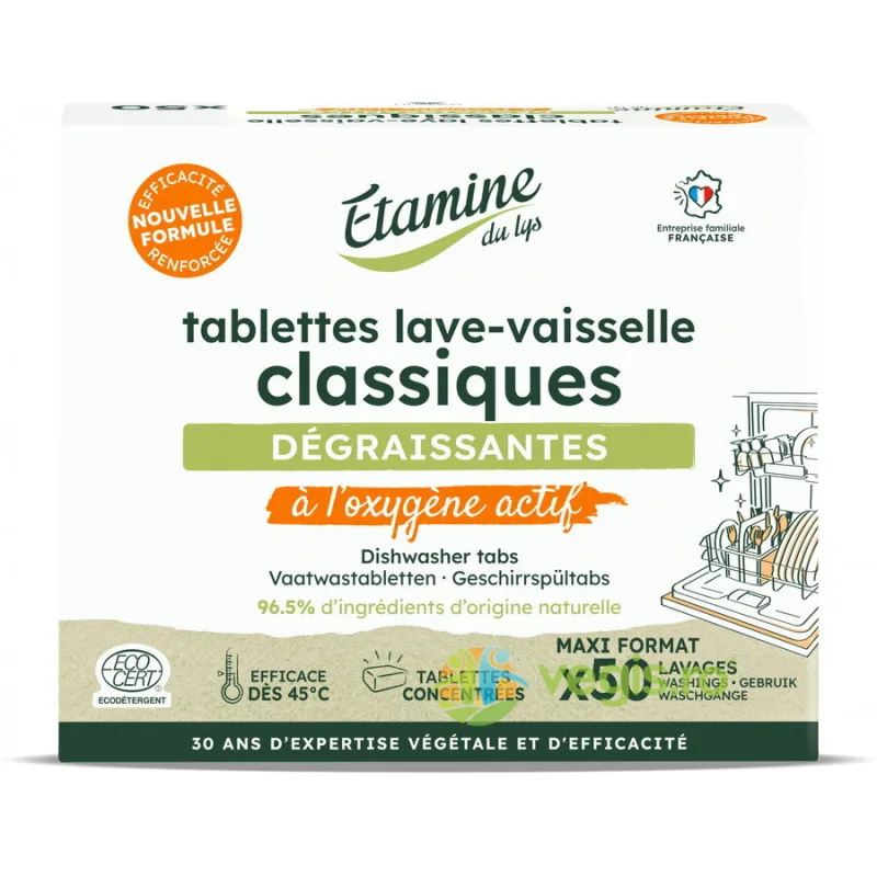 Tablete Clasice Eco pentru Masina de Spalat Vase cu Oxigen Activ fara Parfum 50buc ETAMINE DU LYS — preț și oferte