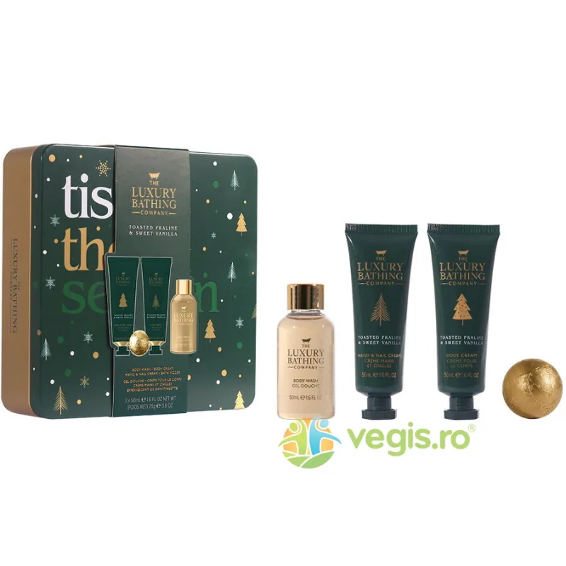 Set Cadou Tis the Season  Toasted Praline&Sweet Vanilla Crema pentru Maini si Unghii 50ml + Crema de Corp 50ml + Gel de Dus 50ml + Bila de Baie 1buc + Cutie Metalica cu Print si Capac 1buc THE LUXURY BATHING COMPANY — preț și oferte