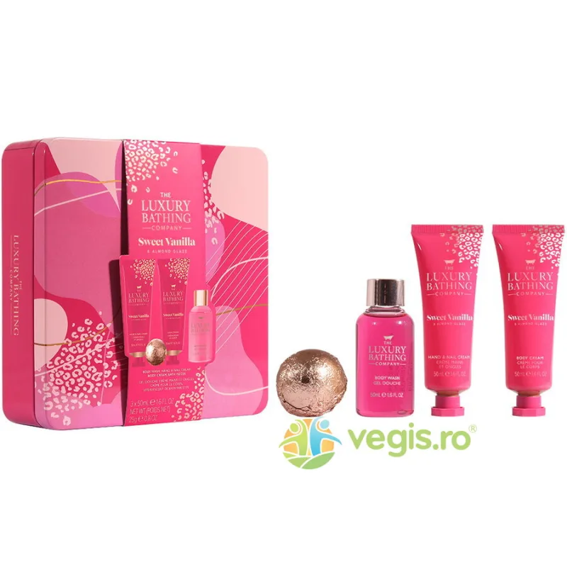 Set Cadou Relax&Unwind Sweet Vanilla Almond Glaze Crema Maini si Unghii 50ml + Crema pentru Corp 50ml + Gel de Dus 50ml + Bila de Baie 1buc + Cutie Metalica cu Print si Capac 1buc THE LUXURY BATHING COMPANY — preț și oferte