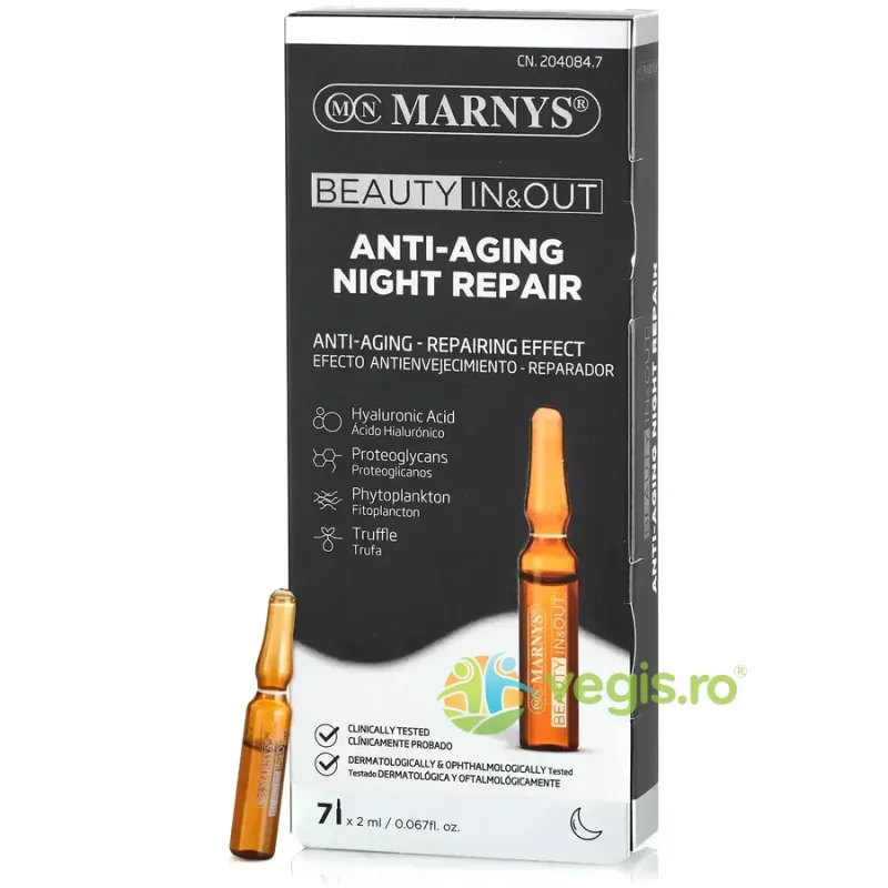 Anti-Aging Night Repair pentru Efecte Vizibile Anti-Imbatranire cu Acid Hialuronic + Vitamina B3 + Proteoglicani + Fitoplancton + Trufe Negre 7 fiole MARNYS — preț și oferte