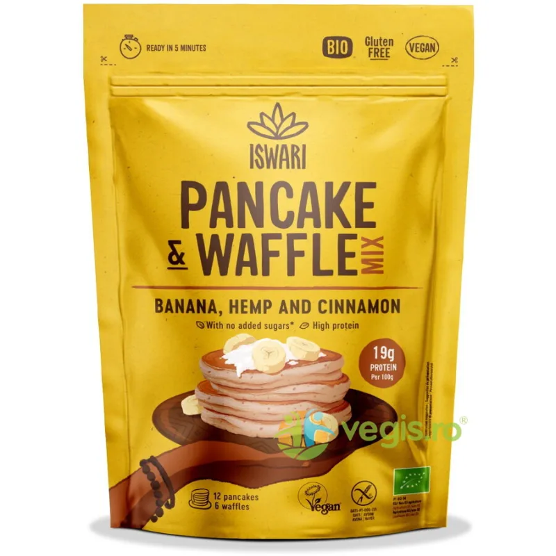 Amestec pentru Clatite si Vafe cu Banane si Proteina de Canepa fara Gluten Ecologic/Bio 300g ISWARI — preț și oferte