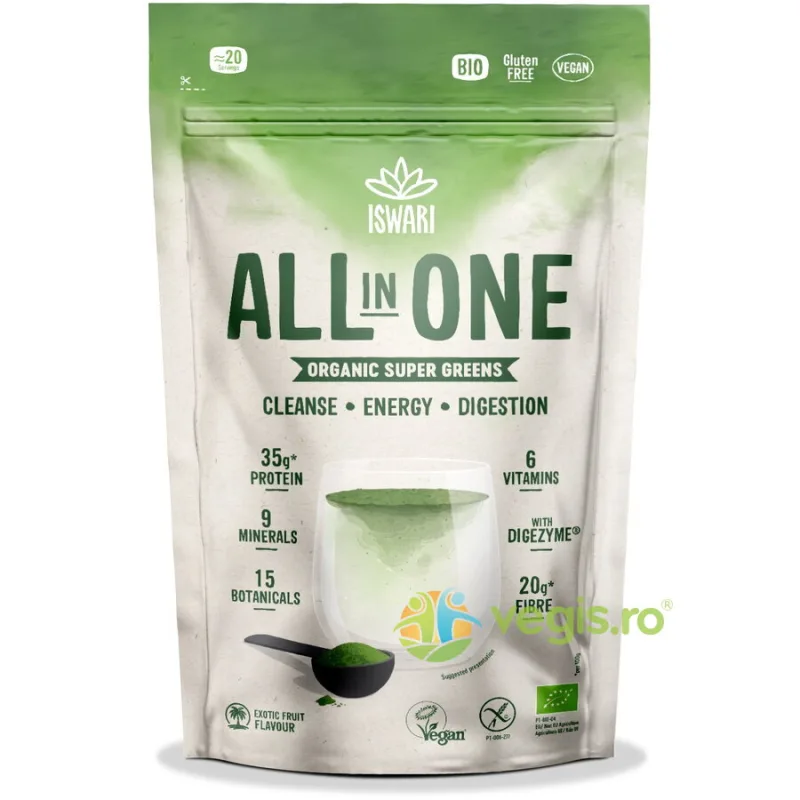 Pulbere Proteica Verde cu 6 Vitamine si 9 Minerale All in One fara Gluten Ecologica/Bio 200g ISWARI — preț și oferte
