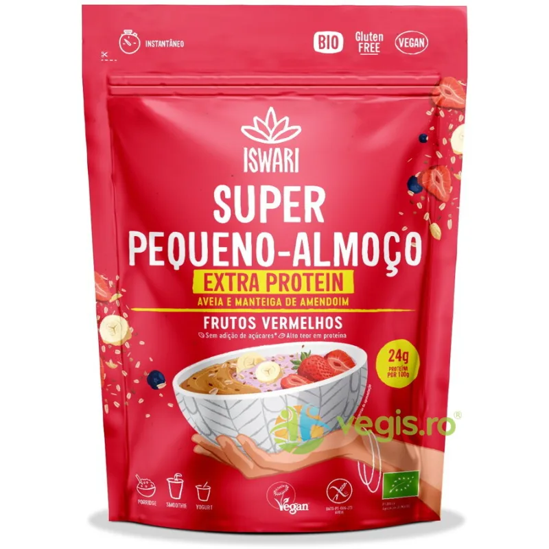 Mic Dejun cu Extra Proteine, Ovaz si Fructe de Padure Rosii fara Zahar Ecologic/Bio 360g ISWARI — preț și oferte