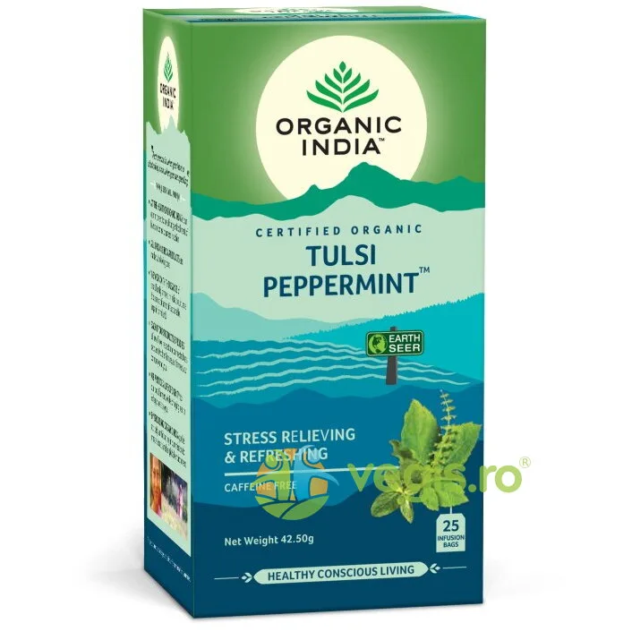 Ceai Tulsi cu Menta (Amestec Adaptogen Reimprospatant) Ecologic/Bio 25dz ORGANIC INDIA — preț și oferte