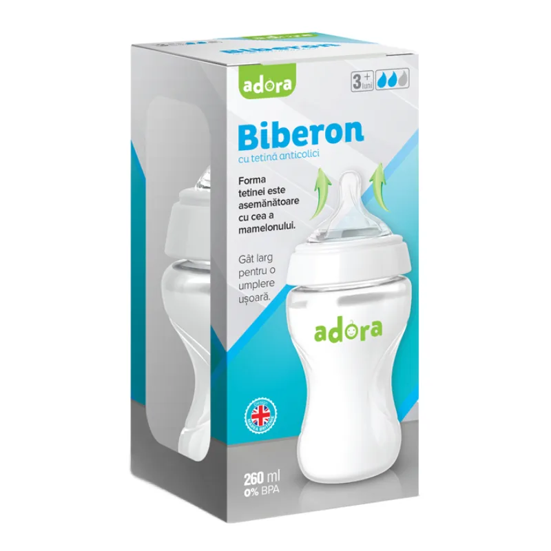 Biberon cu gat larg si tetina anticolici, 3-6 luni, 260ml, Adora — preț și oferte