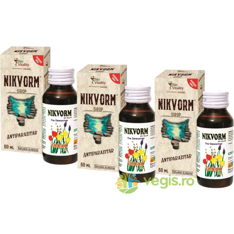 Pachet Nikvorm - Sirop pentru Eliminarea Parazitilor Intestinali 3x60ml BIO VITALITY — preț și oferte