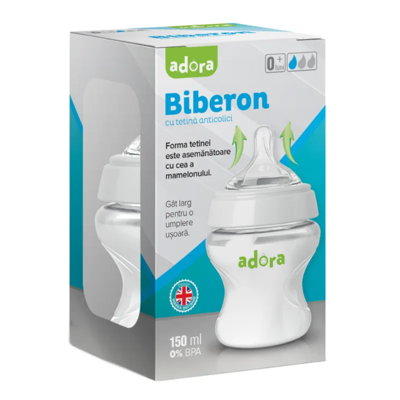 Biberon cu gat larg si tetina anticolici, 0-3 luni, 150ml, Adora — preț și oferte