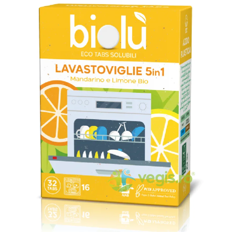 Tablete 5in1 pentru Masina de Spalat Vase cu Mandarine si Lamaie Bio 32buc BIOLU — preț și oferte
