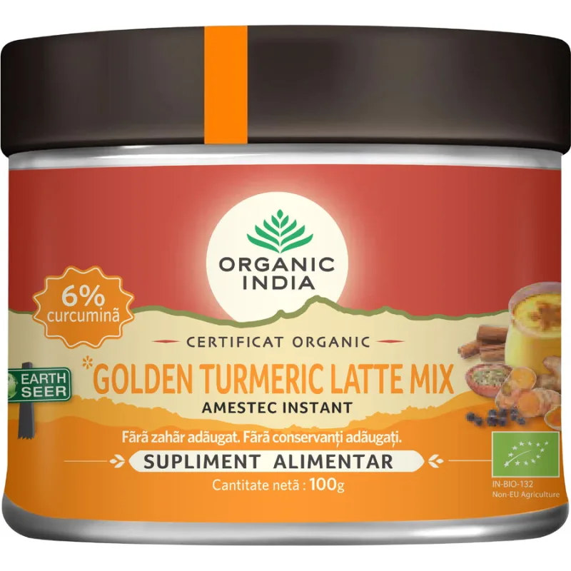 Golden Turmeric Latte Mix (Amestec Instant cu 6% Curcumina Organica) Ecologic/Bio 100g ORGANIC INDIA — preț și oferte