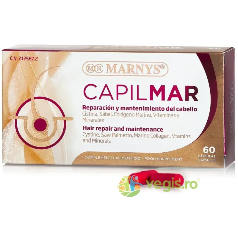 Capilmar pentru Cresterea si Regenerarea Parului (Extract de Palmier pitic + Colagen + Keratina + Cistina + Vitaminele B + Minerale) 60cps MARNYS — preț și oferte