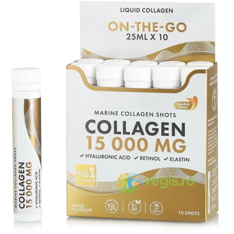 Colagen Marin Hidrolizat Lichid Tip 1 si 3 + Retinol 800 mcg + Acid Hialuronic 50 mg + Elastina 10 mg + Vitamine + Minerale + Organic Superfood Fructe si Legume 10 fiole buvabile SWEDISH NUTRA — preț și oferte
