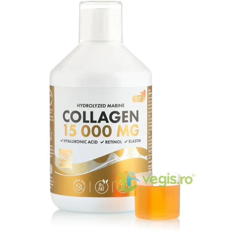 Colagen Hidrolizat Lichid 15000mg Tip 1 si 3 (Super Concentrat + Acid Hialuronic 50 mg + Retinol 800 mcg + Elastina 10 mg + Biotina 450 mcg + Vitaminele C, D, B5, K2 + Zinc 10mg) 500ml SWEDISH NUTRA — preț și oferte