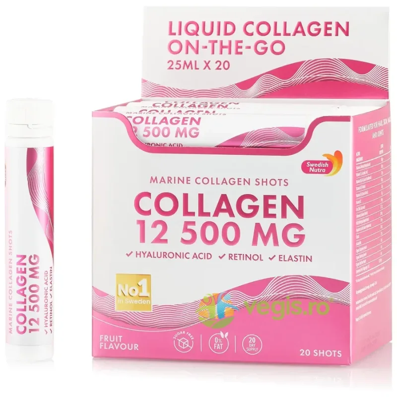 Colagen Marin Hidrolizat Lichid 12.500mg (Acid Hialuronic 50mg + Retinol 800mcg + Elastina 10mg + MSM 200mg + Zinc10 mg + Vitaminele C, B5, D3, K2) 20 fiole SWEDISH NUTRA — preț și oferte