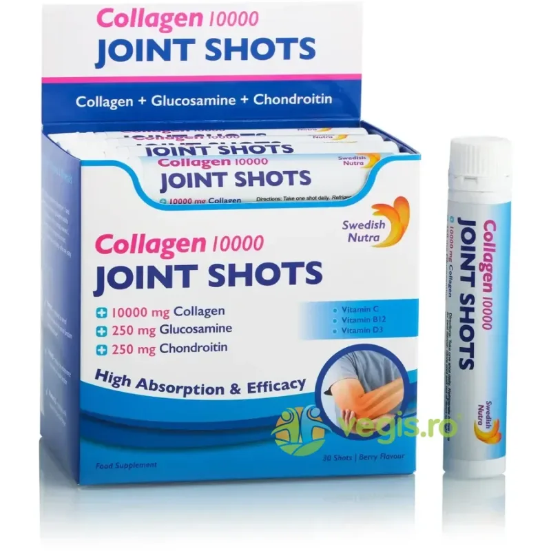 Joint Shots - Colagen Lichid Hidrolizat de Tip 1, 2 si 3 cu 10000mg + Glucozamina Sulfat + MSM + Condroitina + Turmeric + Ceai verde + Vitamina B12, C si D3 30 fiole SWEDISH NUTRA — preț și oferte