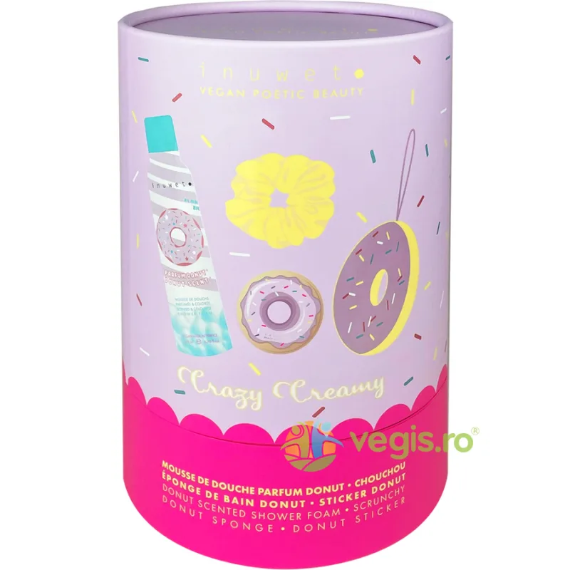 Set Spuma de Baie cu Parfum de Gogosi + Scrunchy + Burete+ Sticker Gogoasa Crazy Creamy INUWET — preț și oferte