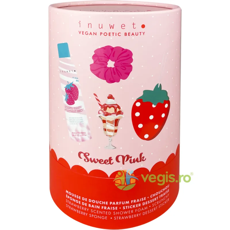 Set Spuma de Baie cu Parfum de Capsuni + Scrunchy + Burete + Sticker Desert cu Capsuni Sweet Pink INUWET — preț și oferte