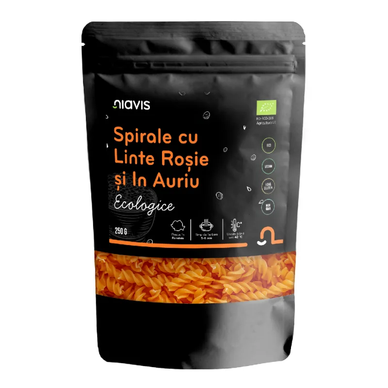 Spirale Bio cu linte rosie si in auriu, 250 g, Niavis — preț și oferte