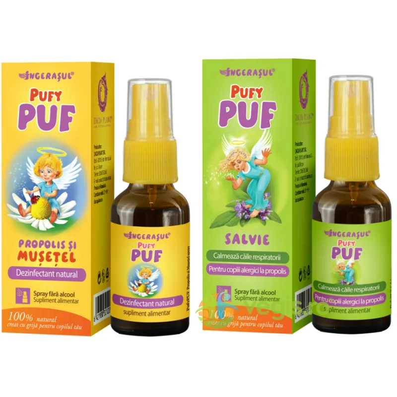 Pachet pentru Copii Pufy Puf: Propolis si Musetel Spray fara Alcool 20ml + Salvie Spray fara Alcool 20ml DACIA PLANT — preț și oferte