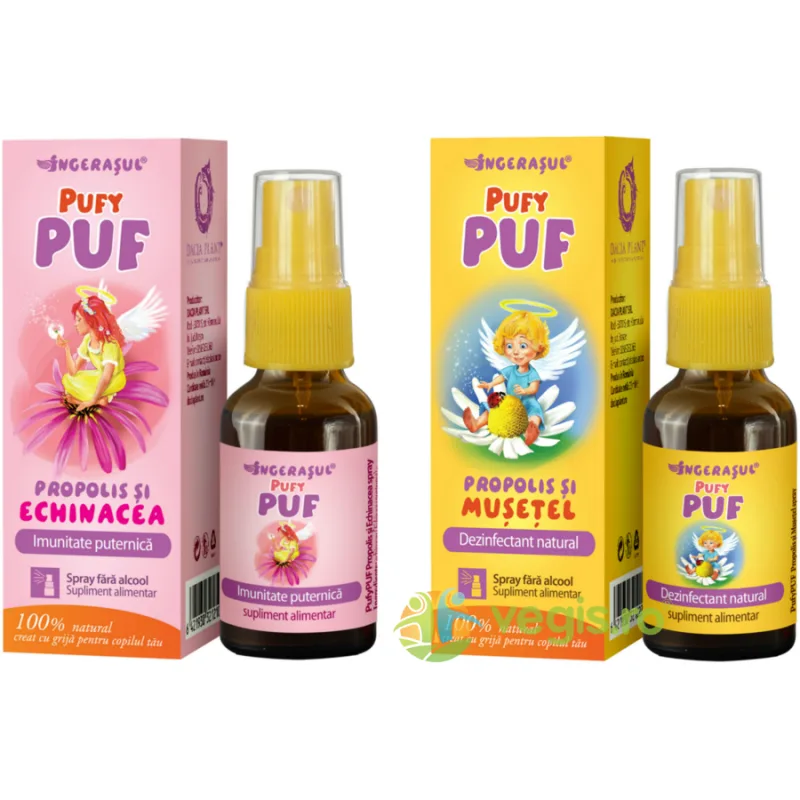 Pachet pentru Copii Pufy Puf: Propolis si Echinacea Spray fara Alcool 20ml  + Propolis si Musetel Spray fara Alcool 20ml DACIA PLANT — preț și oferte