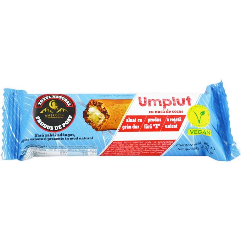 Baton cu Nuca de Cocos fara Zahar Adaugat 60g AMBROZIA — preț și oferte