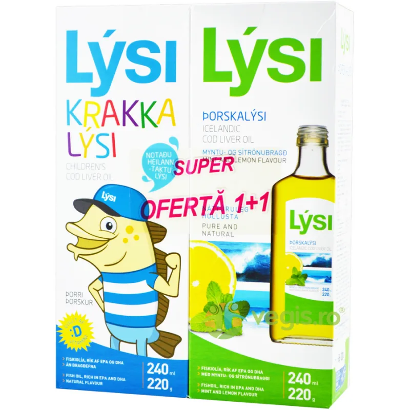 Pachet Ulei din Ficat de Cod pentru Copii 240ml + Ulei din Ficat de Cod cu Aroma de Menta si Lamaie 240ml LYSI — preț și oferte