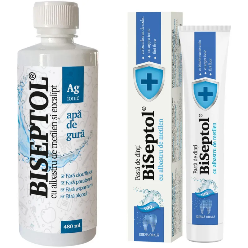 Pachet BiSeptol Apa de Gura cu Albastru de Metilen si Eucalipt 480ml + Pasta de Dinti cu Bicarbonat de Sodiu si Argint Ionic 75ml DACIA PLANT — preț și oferte