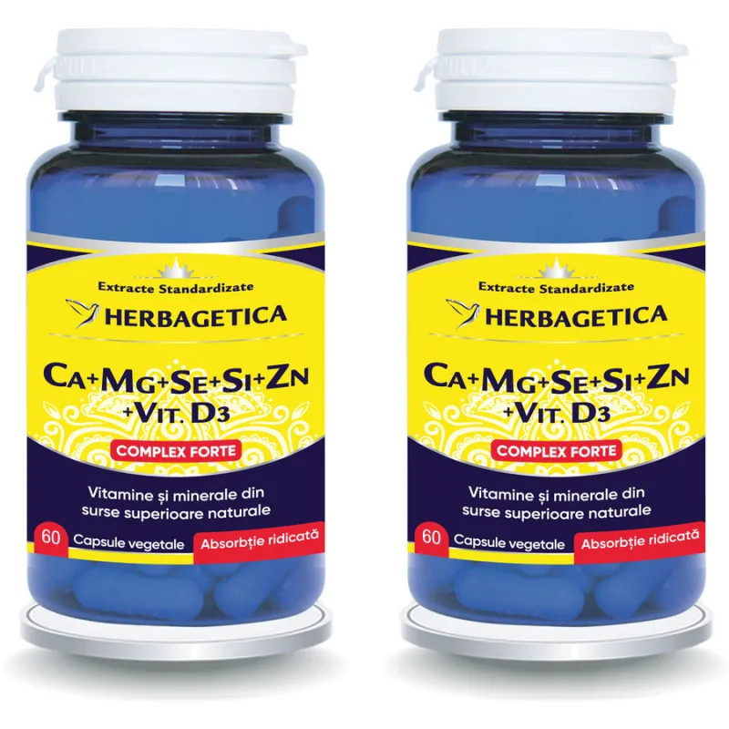 Pachet Complex Forte (Ca+Mg+Se+Si+Zn) cu Vitamina D3 2000UI 60cps+60cps (50% reducere la al doilea produs) HERBAGETICA — preț și oferte