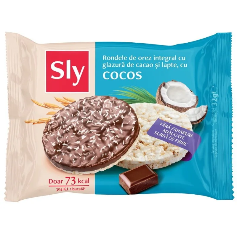Rondele din Orez Integral cu Cocos si Glazura de Cacao si Lapte fara Zahar Adaugat 32g SLY&nbsp;NUTRITIA — preț și oferte