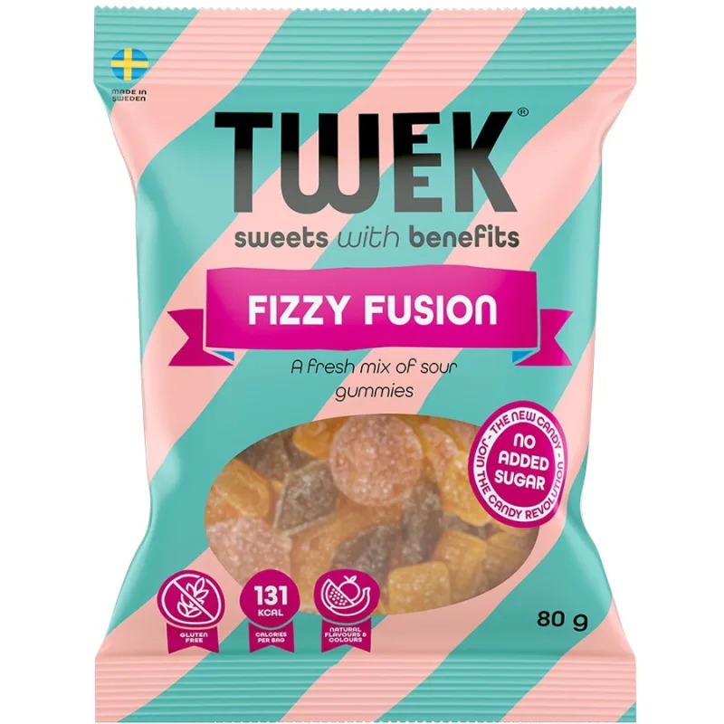 Jeleuri cu Aroma de Bubble Gum, Pepene si Cola Acrisoara cu Stevie fara Zahar Adaugat Fizzy Fusion 80g TWEEK — preț și oferte